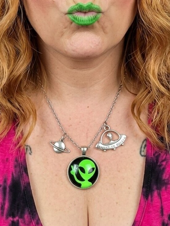 Vera Volpe Jewelry - Y2K Alien Pendant Necklace w/ Planet & UFO Charms Silver Tone 90s Style Sci-Fi
